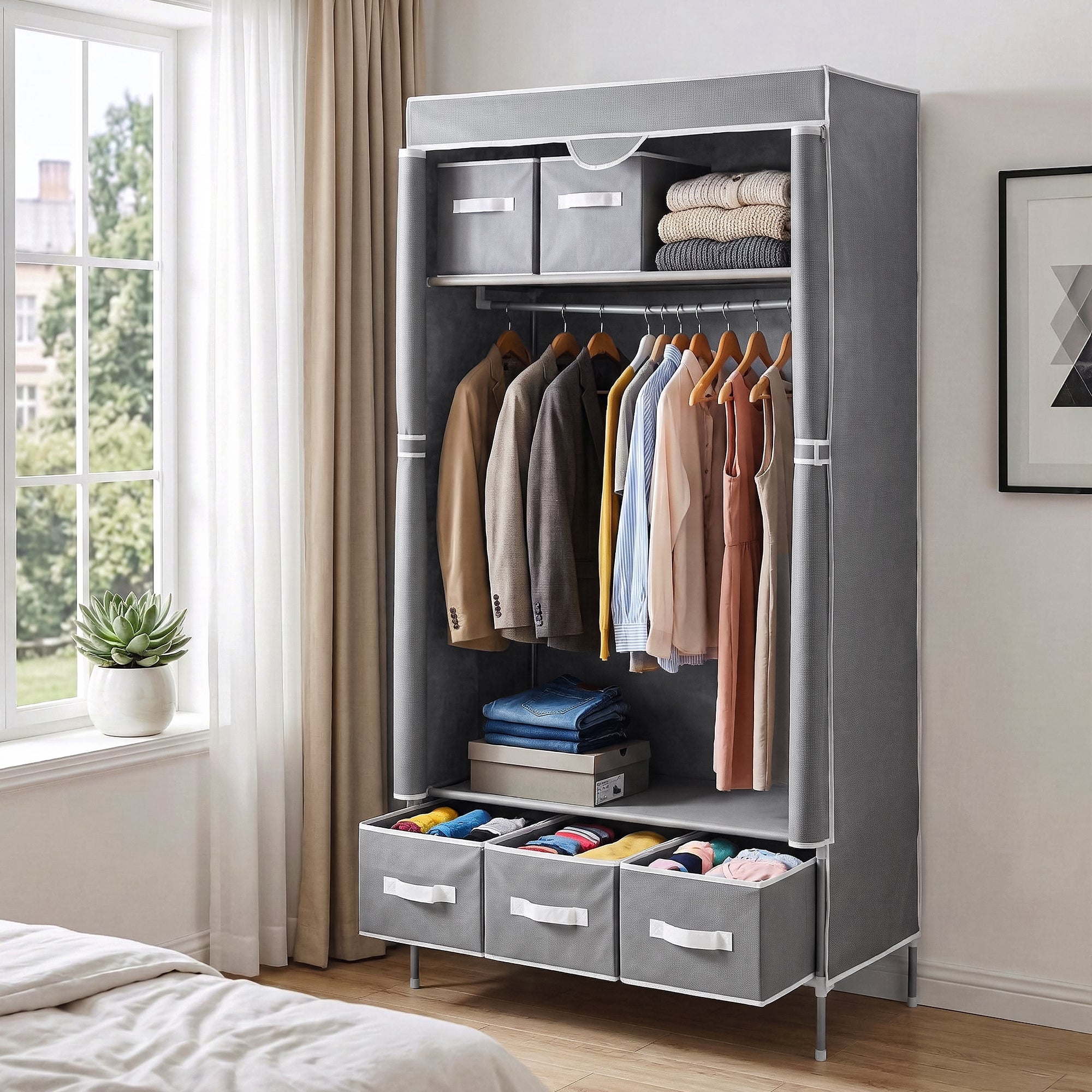 Artiss Large Portable Clothes Closet Wardrobe with Tiebacks Grey